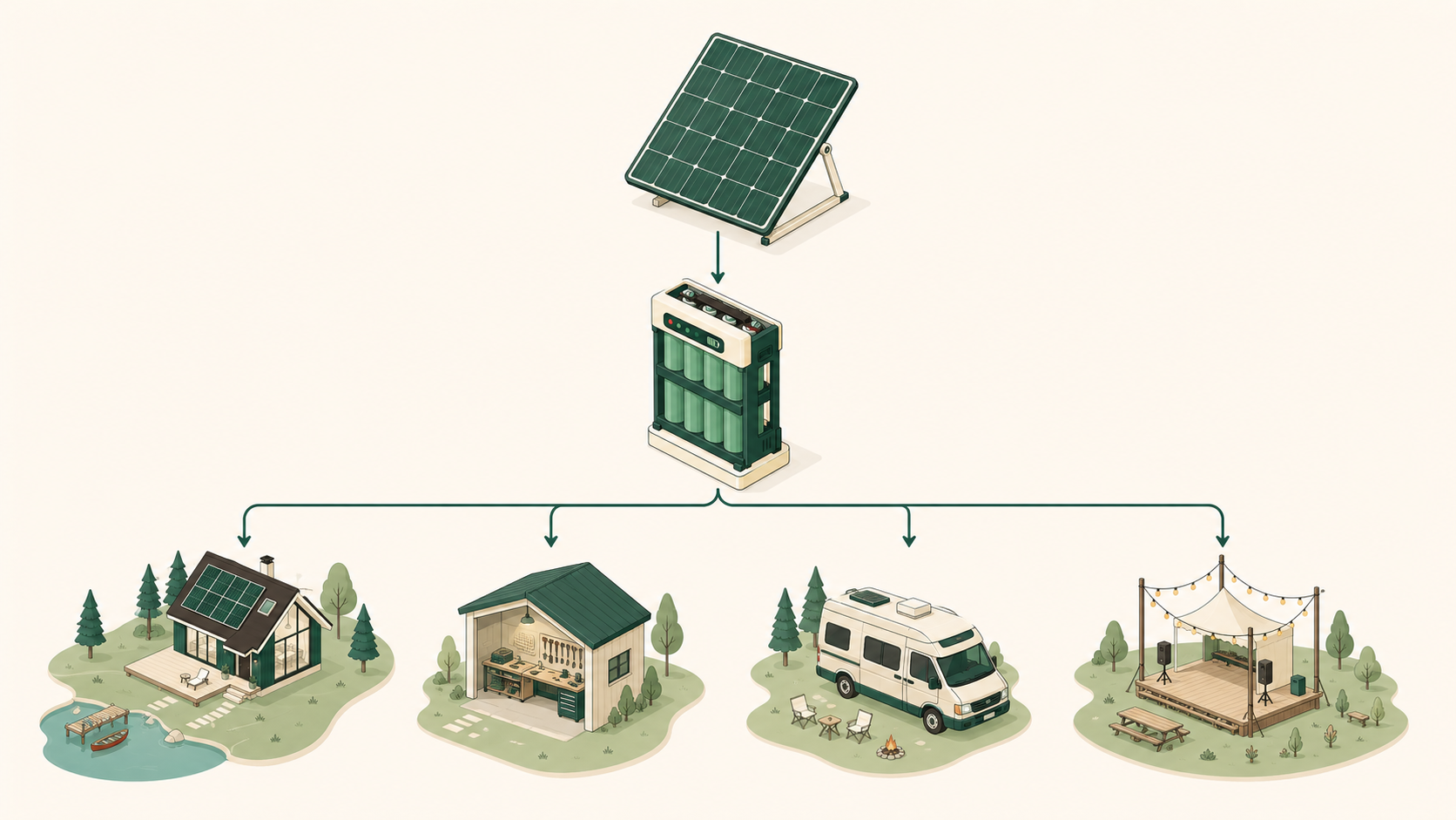 Solar and battery system powering a cabin, workshop, van, and outdoor event