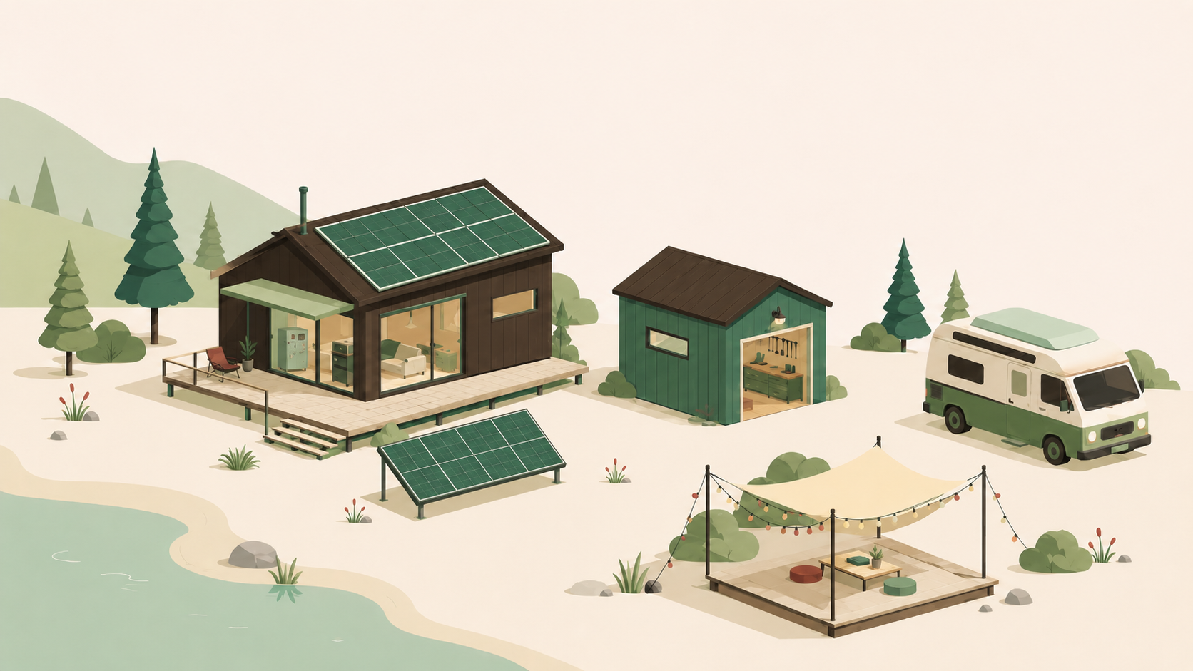 Isometric illustration of an off-grid homestead — cabin with solar roof panels, workshop, camper van, and outdoor lounge by the water