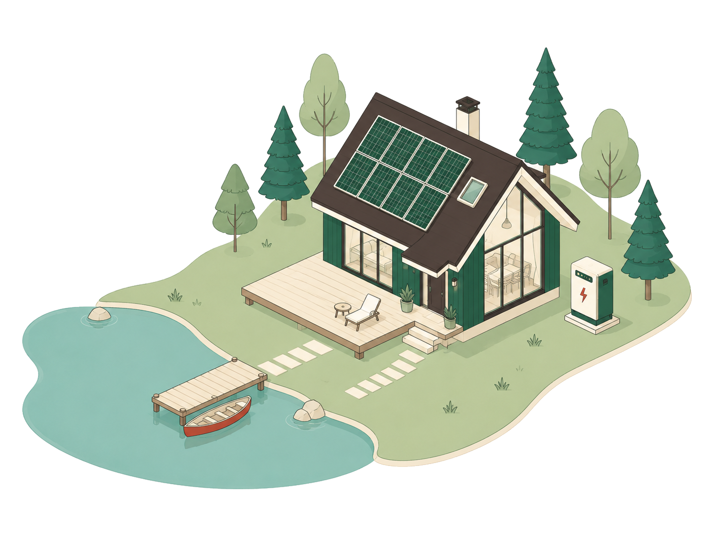 Isometric illustration of an off-grid lakeside home with solar panels, battery storage, and surrounding nature