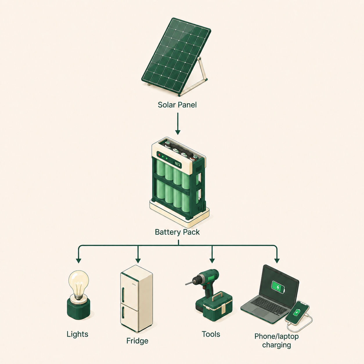 Solar panel and battery pack powering lights, fridge, tools, and charging